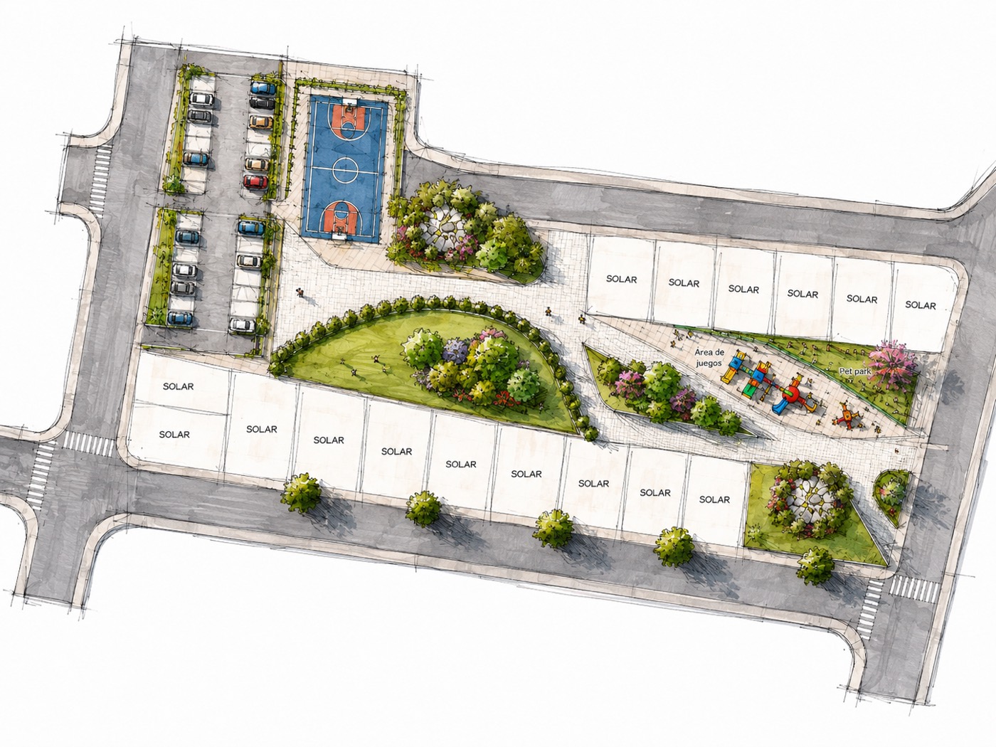 Esquema del parque infantil y Pet Park